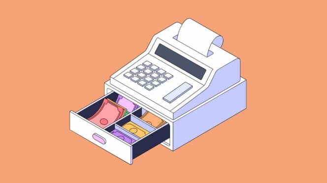 kind helpt boodschappen doen illustratie van kassa
