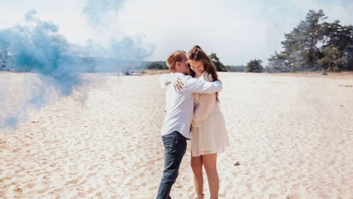 zwanger na miskraam foto van carmen en vriend tijdens genderreveal